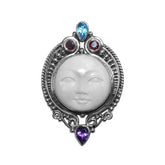 Handmade Sterling Silver Moon Face Pendant with Amethyst, Blue Topaz, and Garnet Quartz from Bali